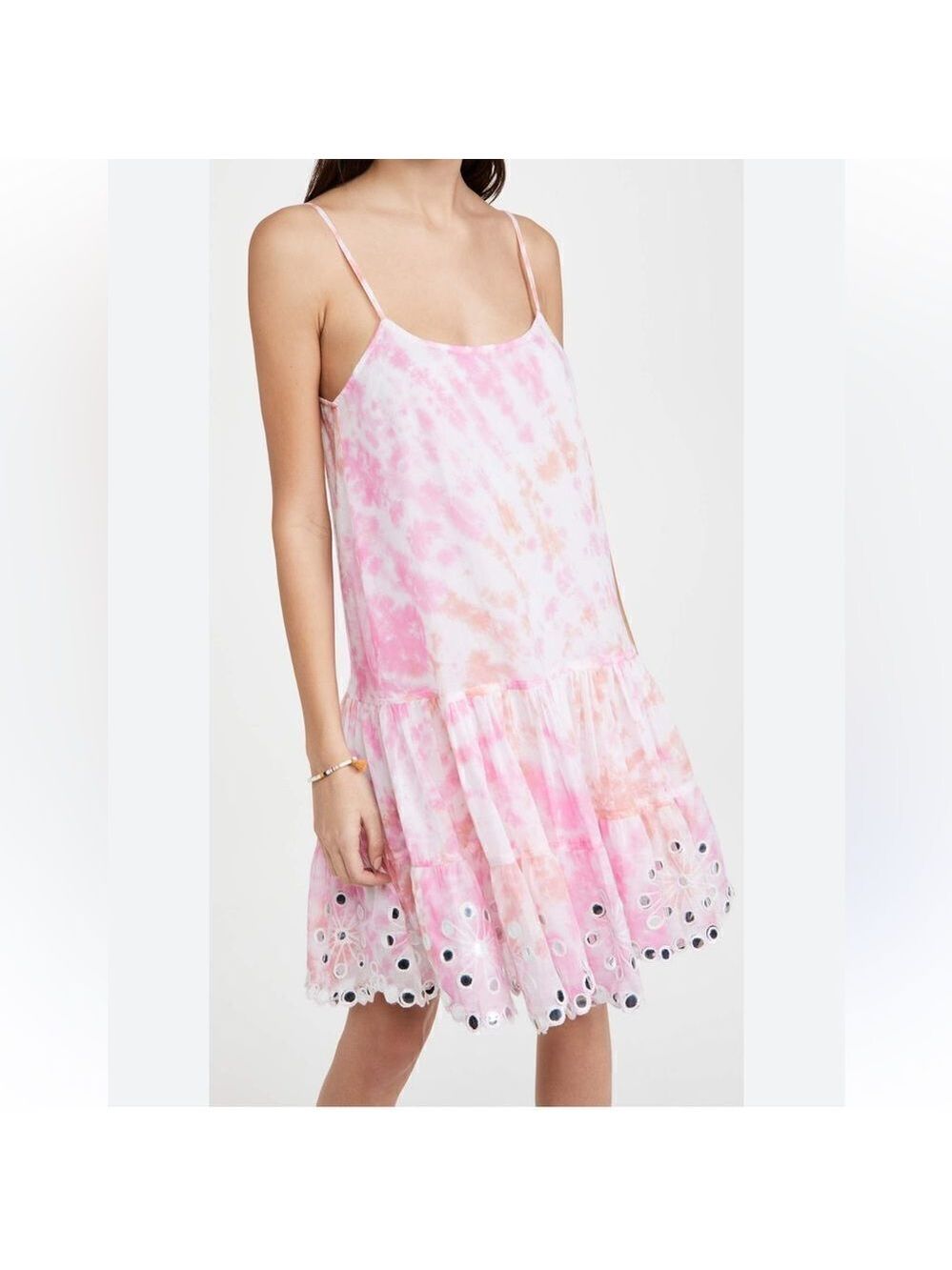 Juliet Dunn Shisha Mirror Embroidered Tie Dye Cotton Mini Dress Pink White Small